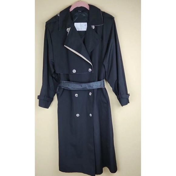 Four Seasons Of London Trench Coat Women's Size 8 Black 3 marble Button Long vin - Picture 1 of 11